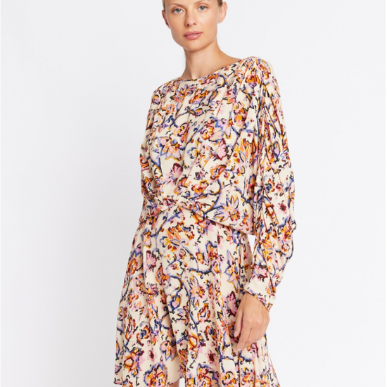 Cream batwing short dress with elasticated waist and blue pink and orange floral print