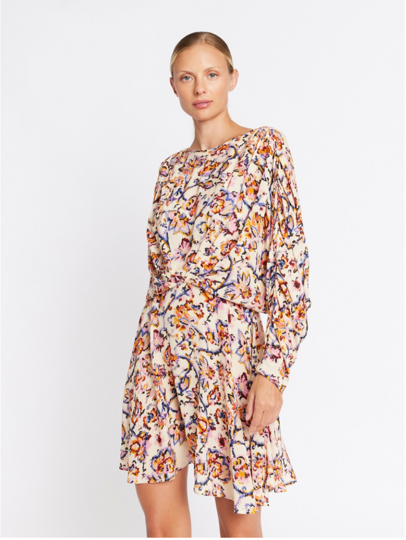 Cream batwing short dress with elasticated waist and blue pink and orange floral print