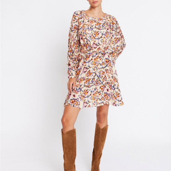 Cream batwing short dress with elasticated waist and blue pink and orange floral print