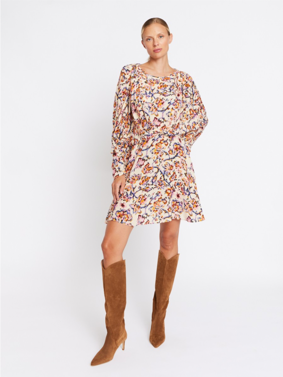 Cream batwing short dress with elasticated waist and blue pink and orange floral print