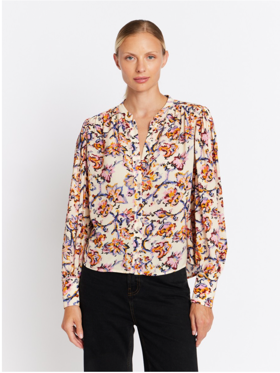 Cream blouse with pink orange and blue floral print with long puff sleeves