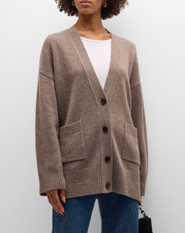 Soft brown long line cardigan with patch pockets V neck and chunky button fastening