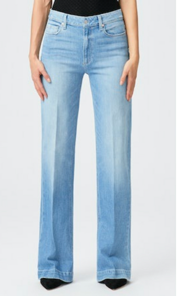 Straight leg light blue stone washed five pocket jeans with light distressing