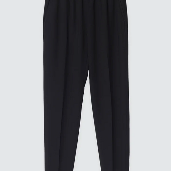 Pull on black tailored trousers with an elasticated waistband and side pockets