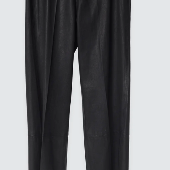 Black lambs leather trousers with elasticated waistband panelling and raw hem