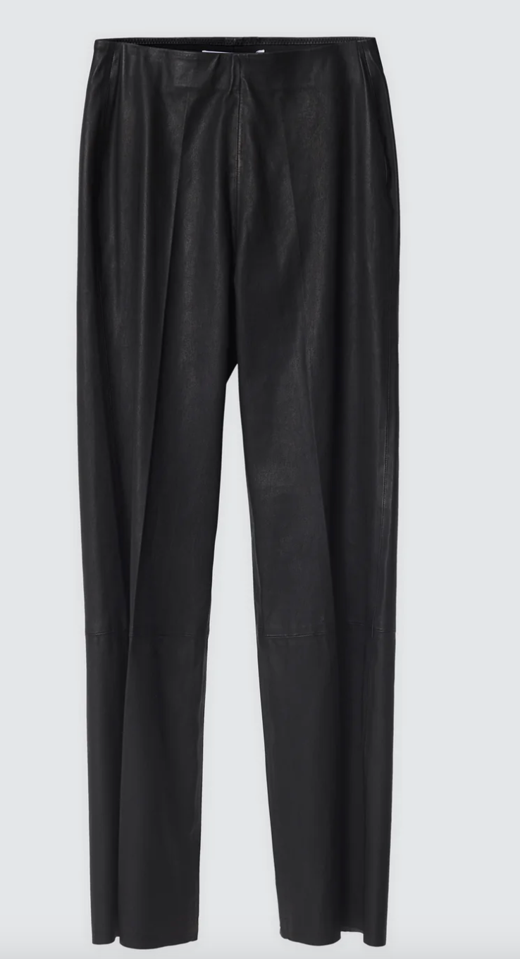 Black lambs leather trousers with elasticated waistband panelling and raw hem