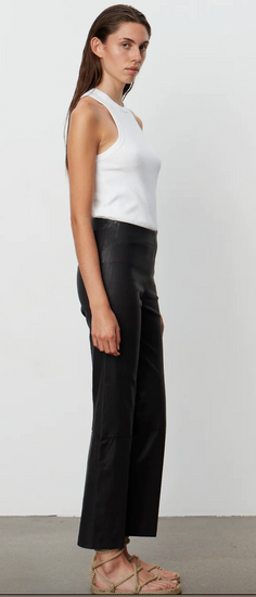 Black lambs leather trousers with elasticated waistband panelling and raw hem