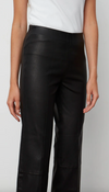 Black lambs leather trousers with elasticated waistband panelling and raw hem