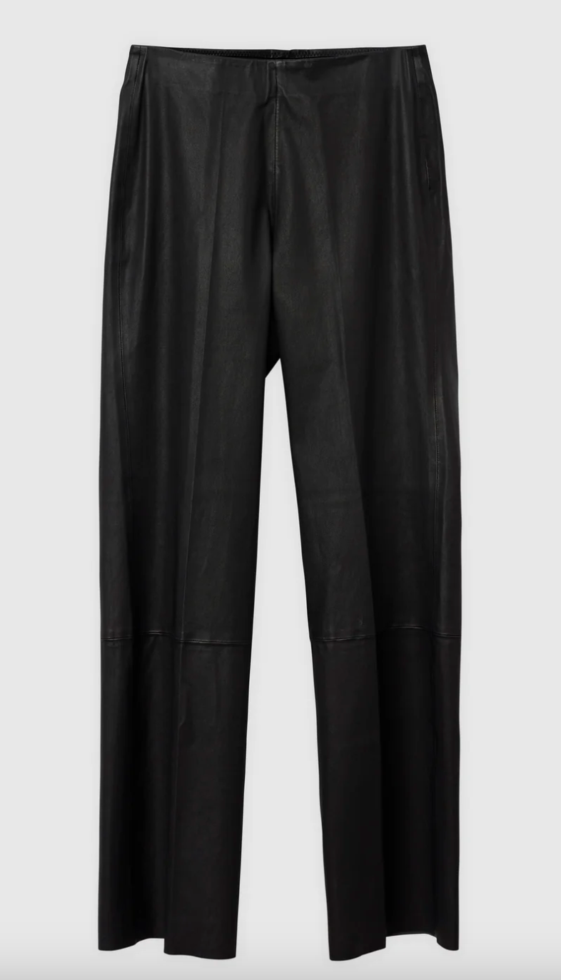 Black lambs leather trousers with elasticated waistband panelling and raw hem