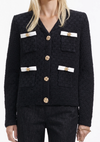 Black woven knitted cardigan with white bow details and gold metallic buttons