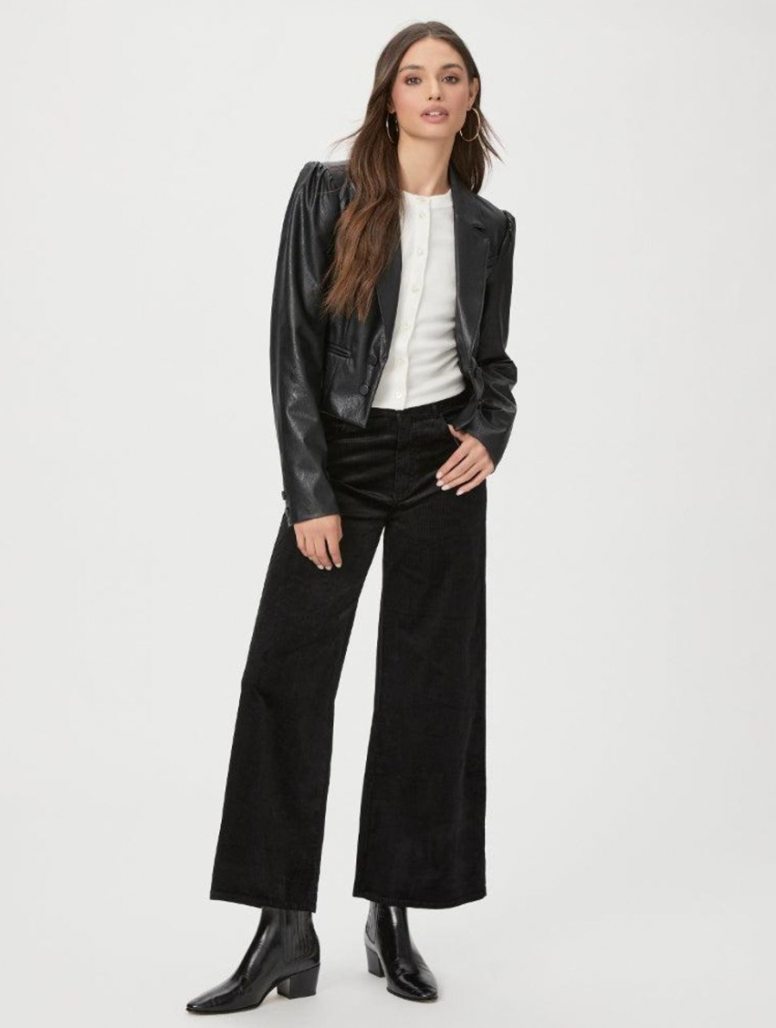 Black wide leg ankle jeans with a cord finish