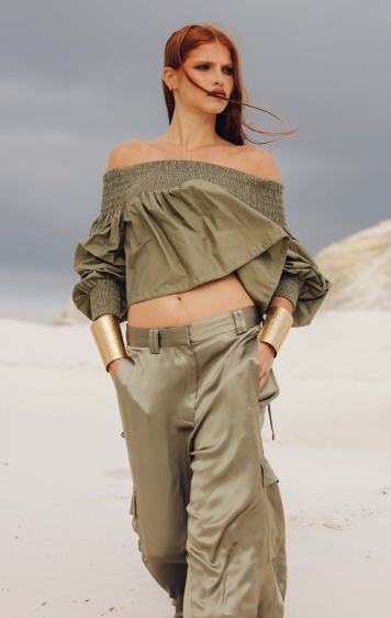 Khaki gold satin cargo trousers