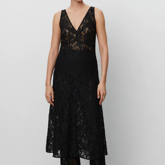 V neck and backline heavy lace black midi dress