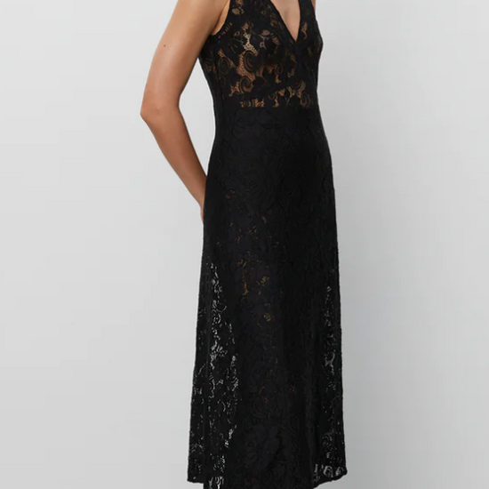 V neck and backline heavy lace black midi dress