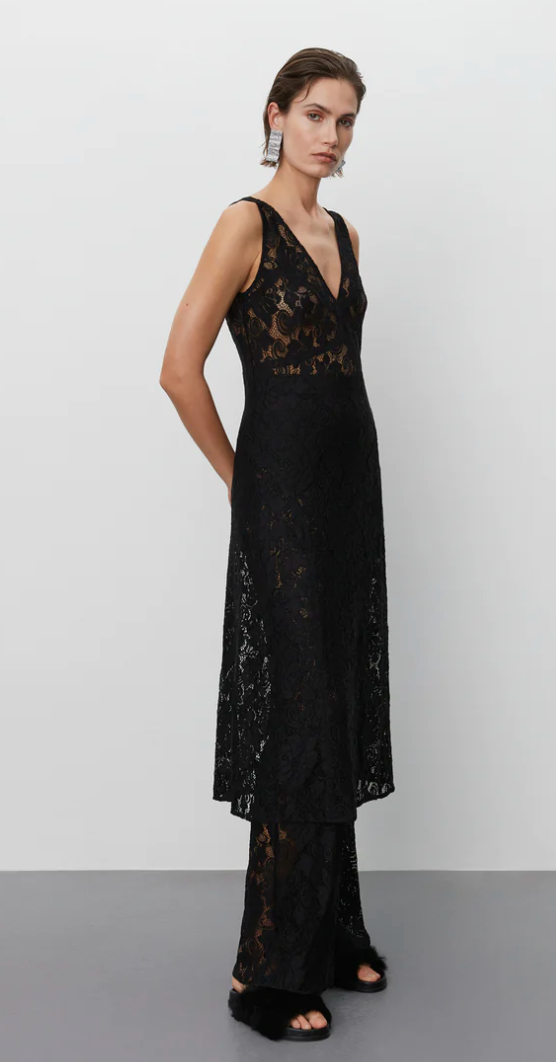 V neck and backline heavy lace black midi dress