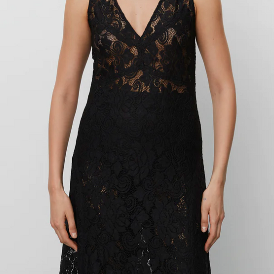 V neck and backline heavy lace black midi dress