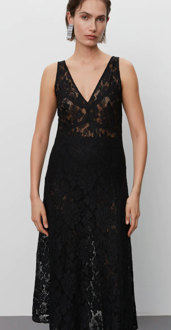 V neck and backline heavy lace black midi dress