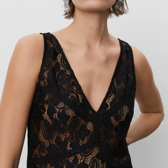 V neck and backline heavy lace black midi dress