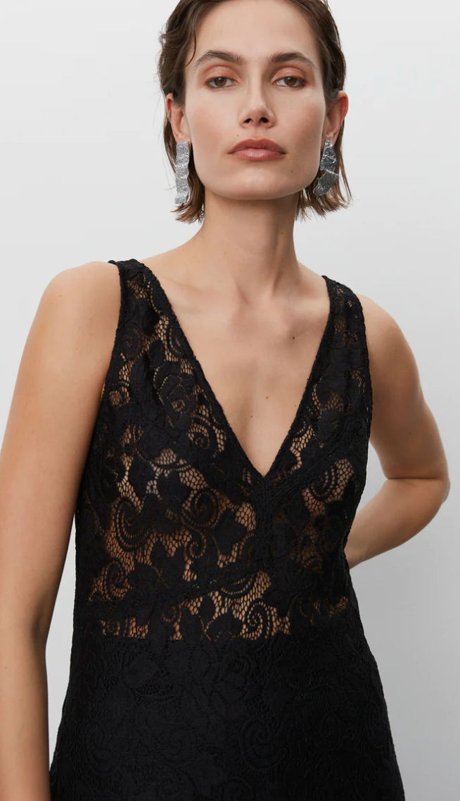 V neck and backline heavy lace black midi dress