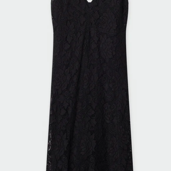 V neck and backline heavy lace black midi dress