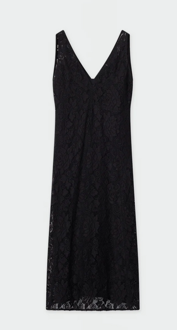 V neck and backline heavy lace black midi dress