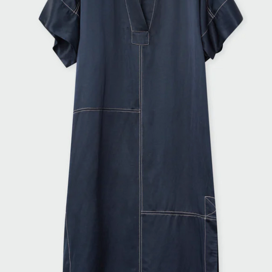 Navy slip on dress with a V neck and white top stitching