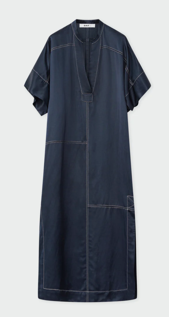 Navy slip on dress with a V neck and white top stitching