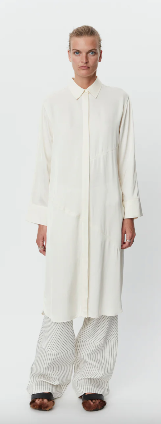 Cream satin midi shirt dress with long sleeves and classic collar with covered placket