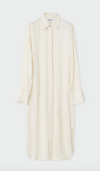 Cream satin midi shirt dress with long sleeves and classic collar with covered placket