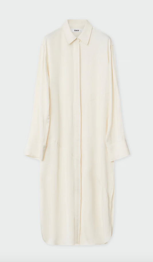 Cream satin midi shirt dress with long sleeves and classic collar with covered placket