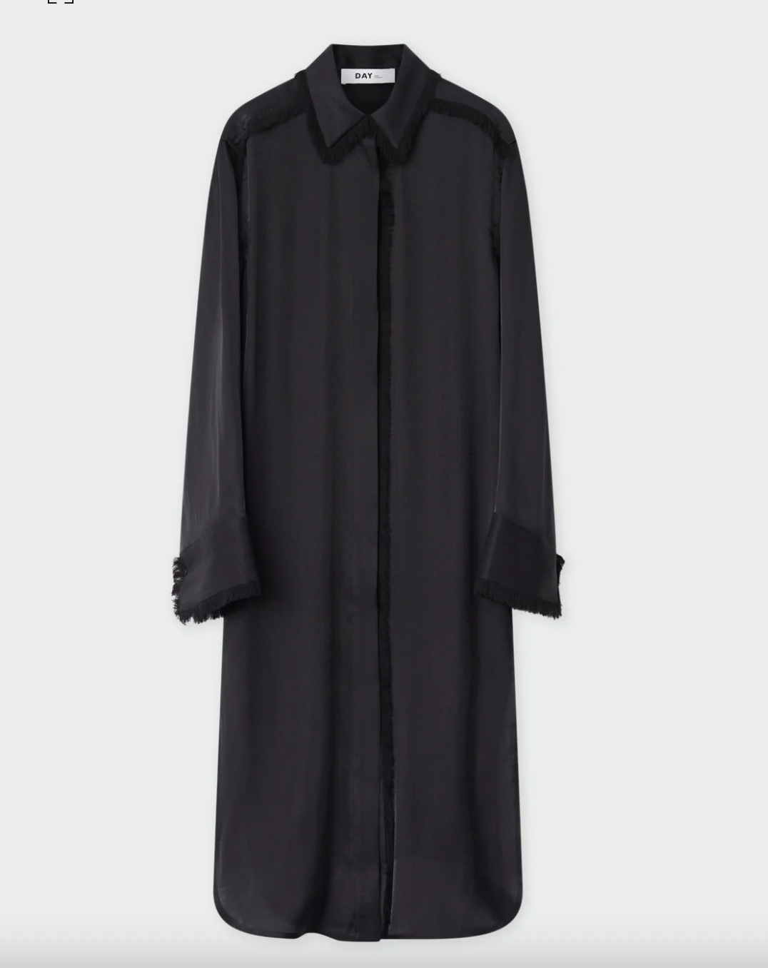 Midi shirt dress with covered full length placket classic collar long sleeves and tassel details throughout in black