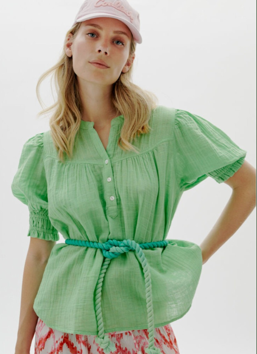 Emerald green cheesecloth short sleeved pull on top with notch neck and small ivory buttons