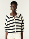 Navy and white stripe heavy weight cardigan. With silver buttons down the front and on the cuff. 