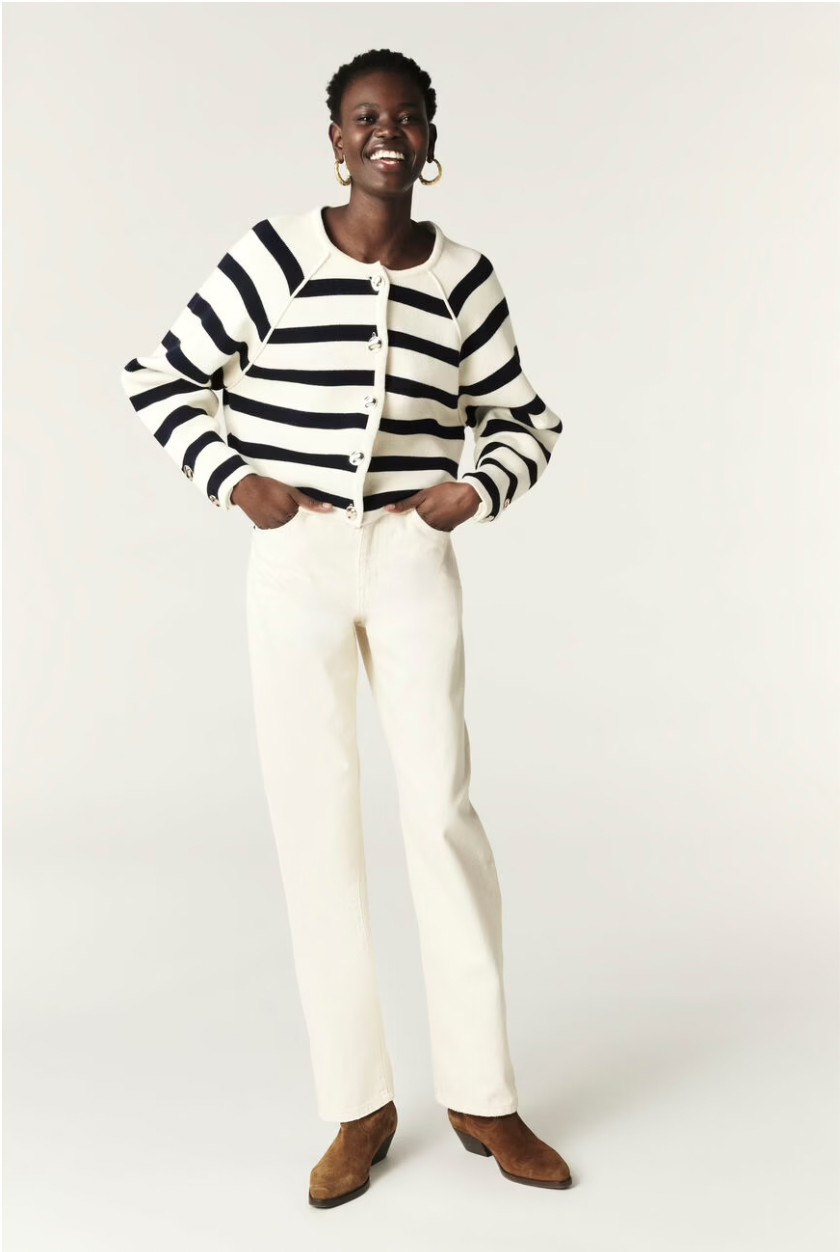 Navy and white stripe heavy weight cardigan. With silver buttons down the front and on the cuff.