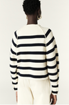 Navy and white stripe heavy weight cardigan. With silver buttons down the front and on the cuff.