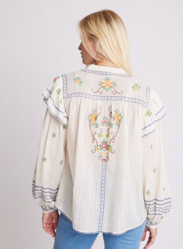 Boho style blouse with floral embroidery and lurex detail