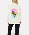 Antique white cardigan with V neckline, embroidered palm trees on front and back with pink neon trim and a sunset circle on the back