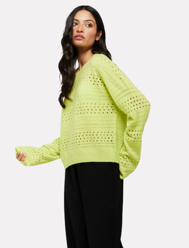 Lime coloured crew neck relaxed fit jumper with horizontal pointelle details throughout
