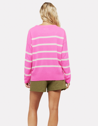 Light pink and neon pink horizontal striped boxy fit jumper with crew neckline and dropped hem