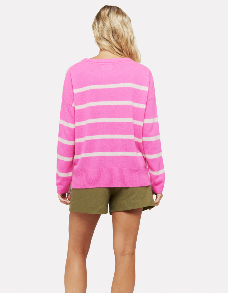 Light pink and neon pink horizontal striped boxy fit jumper with crew neckline and dropped hem