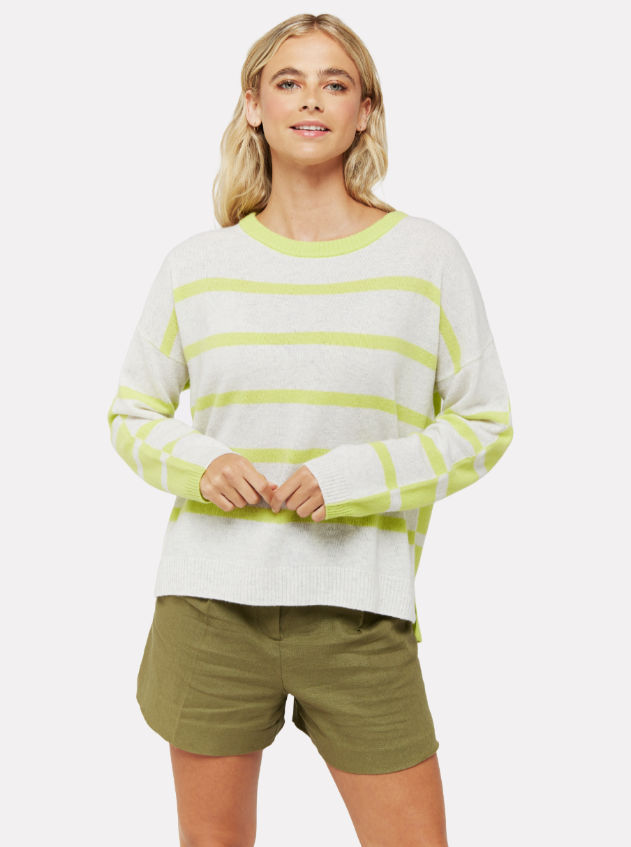 Horizontal striped grey/cream marl jumper with lime stripes and crew neck with long sleeves and split dropped hem