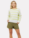 Horizontal striped grey/cream marl jumper with lime stripes and crew neck with long sleeves and split dropped hem