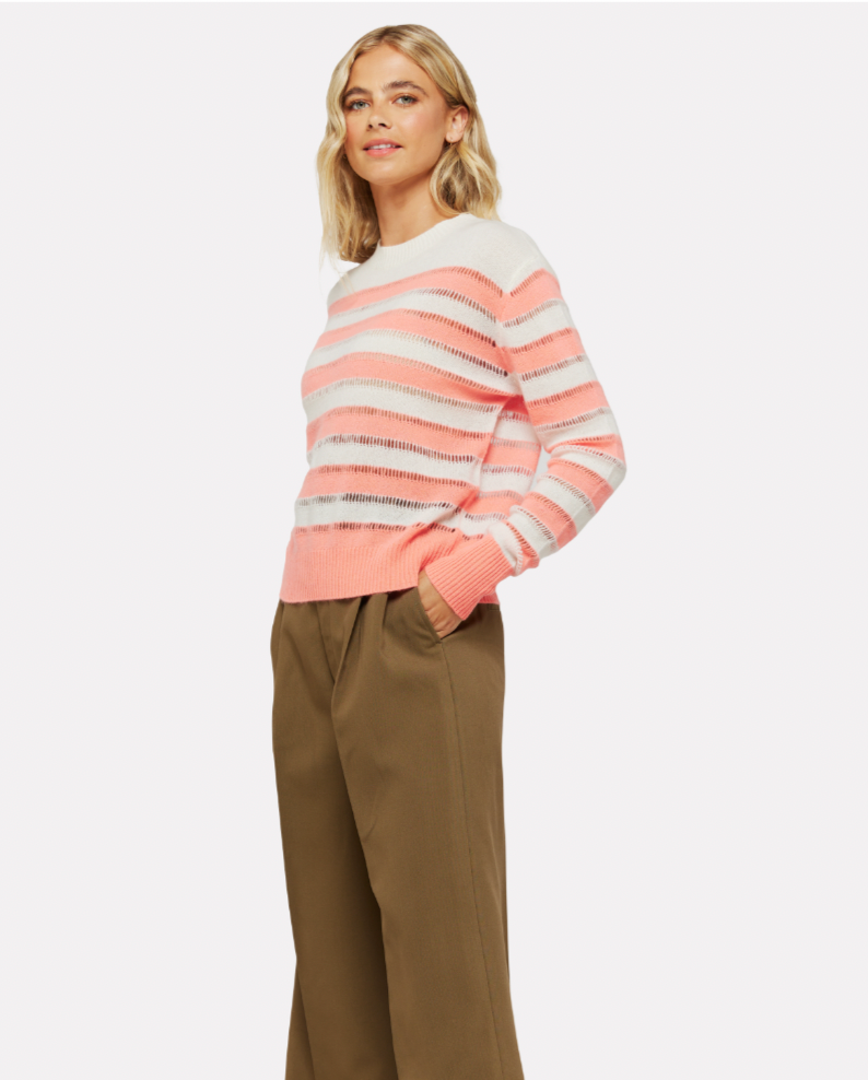 Cream and coral striped regular fit jumper with ladder stitch between each stripe