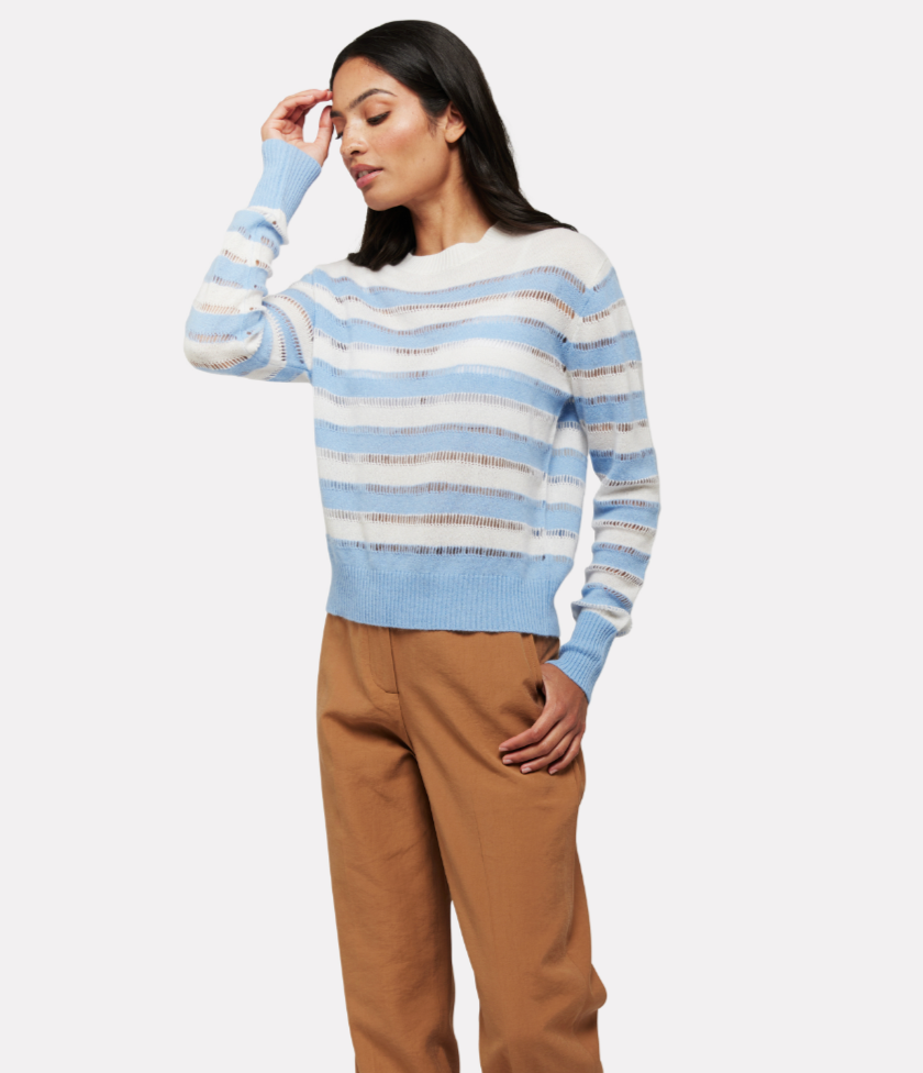 Baby blue and antique white striped regular fit jumper with ladder stitch between each stripe