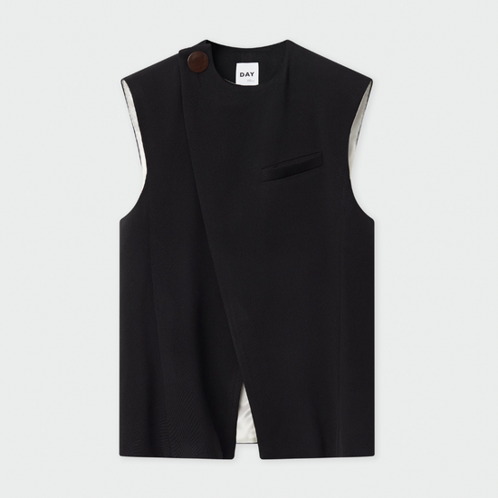 Black asymmetric waistcoat with large button on right shoulder and centre rear vent