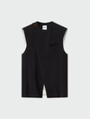 Black asymmetric waistcoat with large button on right shoulder and centre rear vent
