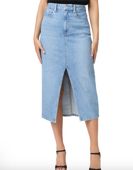 Light blue midi denim skirt with front centre split