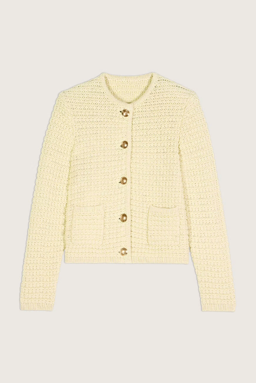 Light yellow basket weave knitted cropped cardigan with metallic gold buttons