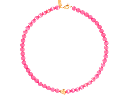 pink cat eye glass bead necklace with gold details