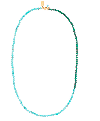 Small circular turquoise and malachite beaded necklace with a lobster catch